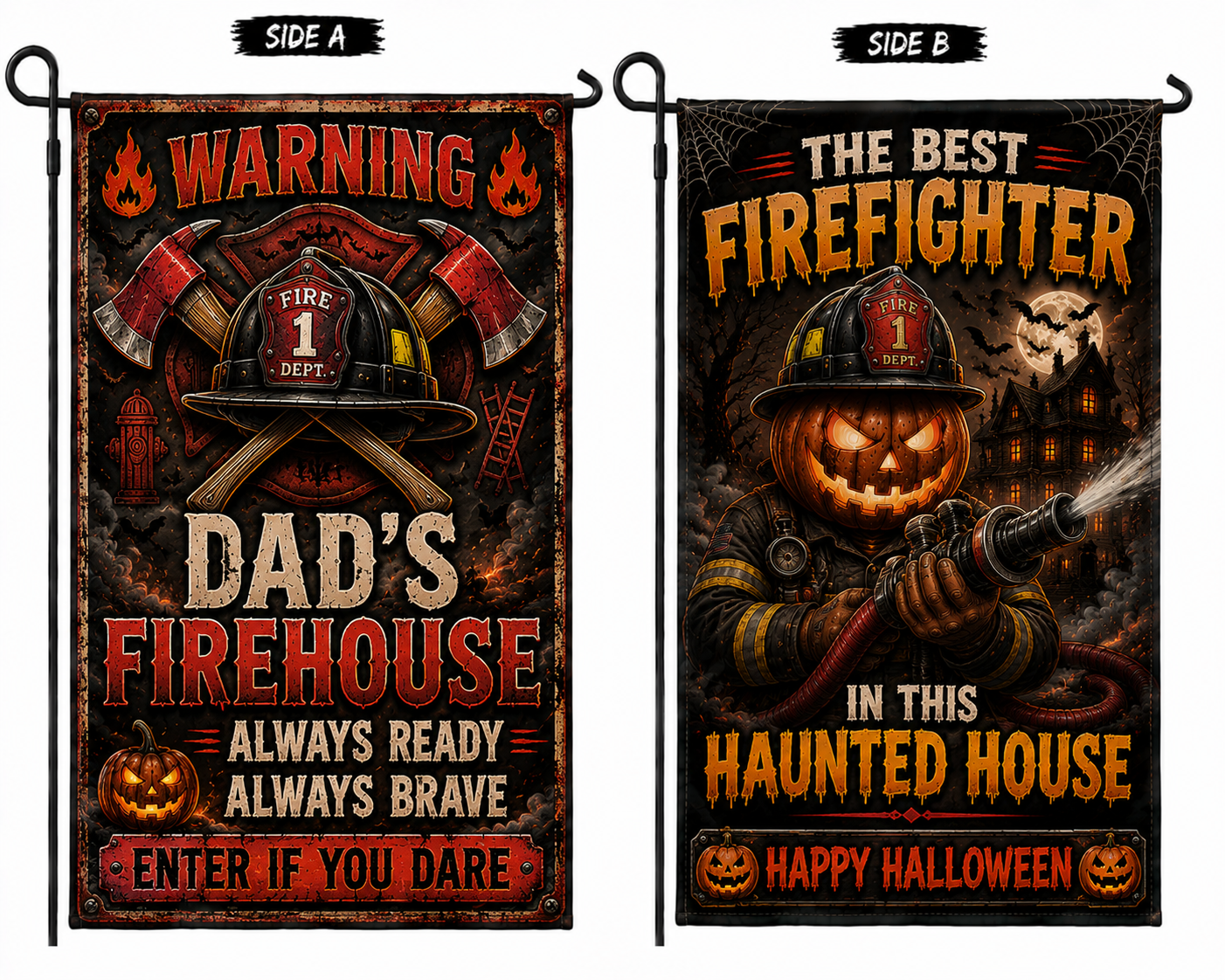 Firefighter Dad Halloween Double Sided Garden Flag Haunted House Yard Decor