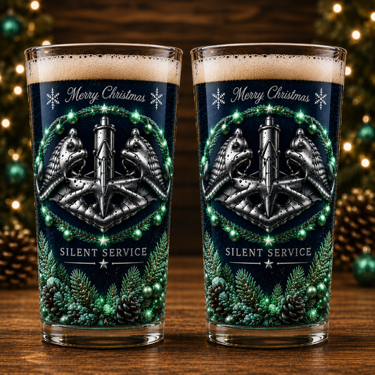 US Navy Silent Service Christmas 16oz Pint Beer Glass | Submarine Dolphins Veteran Gift