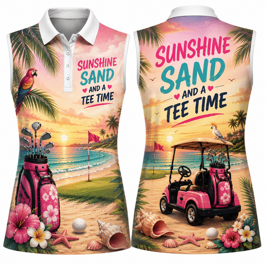 Sunshine Sand And A Tee Time Women's Sleeveless Athleisure Polo Shirt