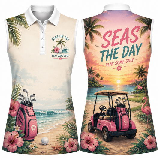 Seas The Day Play Some Golf Women's Sleeveless Athleisure Polo Shirt