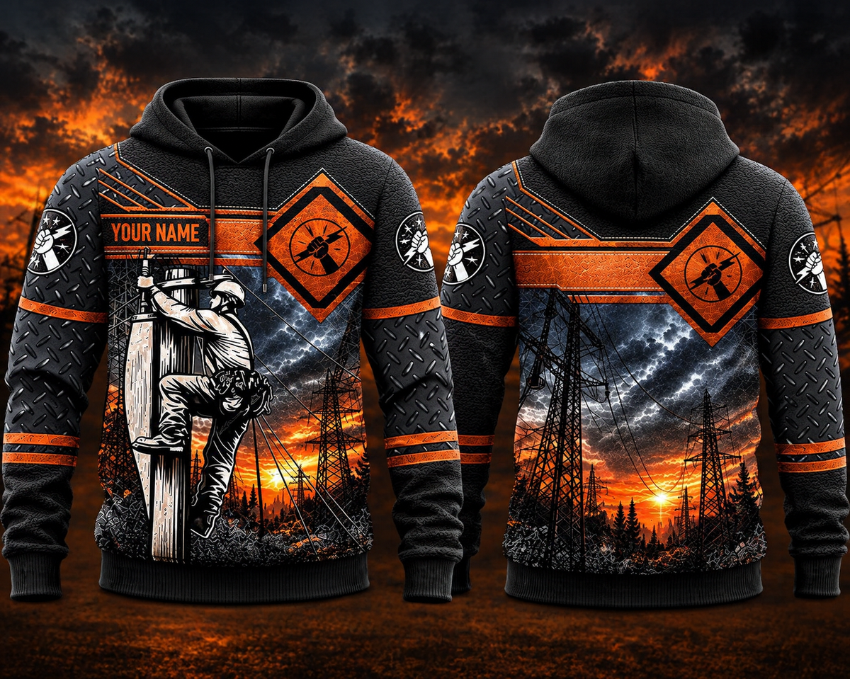 Personalized Lineman 3D Hoodie - Custom Name Powerline Worker Lightning Design