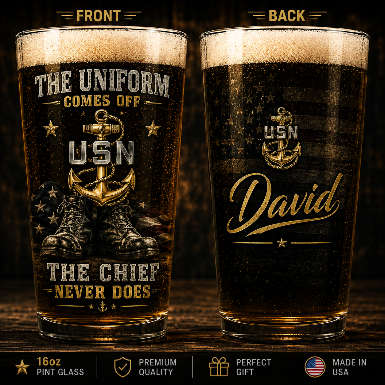 Personalized US Navy Senior Chief Veteran 16oz Pint Beer Glass