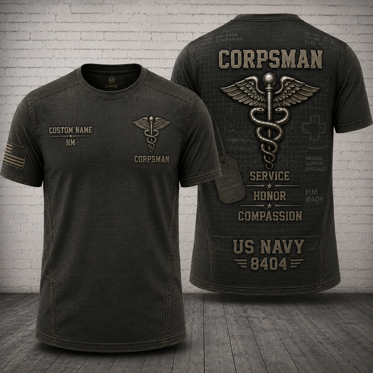 Custom Name US Navy HM-8404 Corpsman Veteran 3D T-Shirt