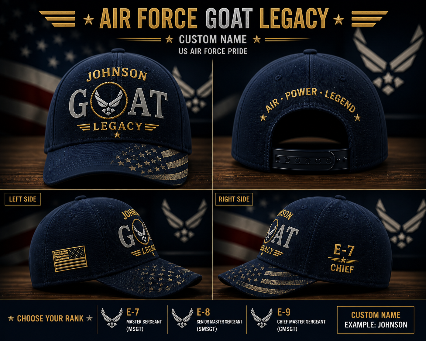 Personalized Air Force GOAT Legacy Baseball Cap Custom Name Veteran Gift Hat