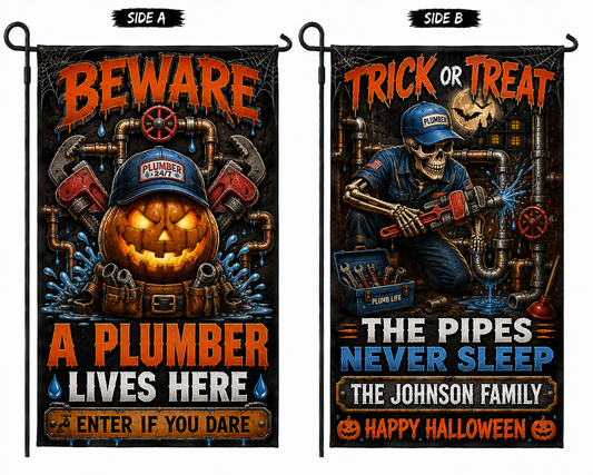 Custom Plumber Halloween Double Sided Garden Flag Personalized Family Name Yard Decor