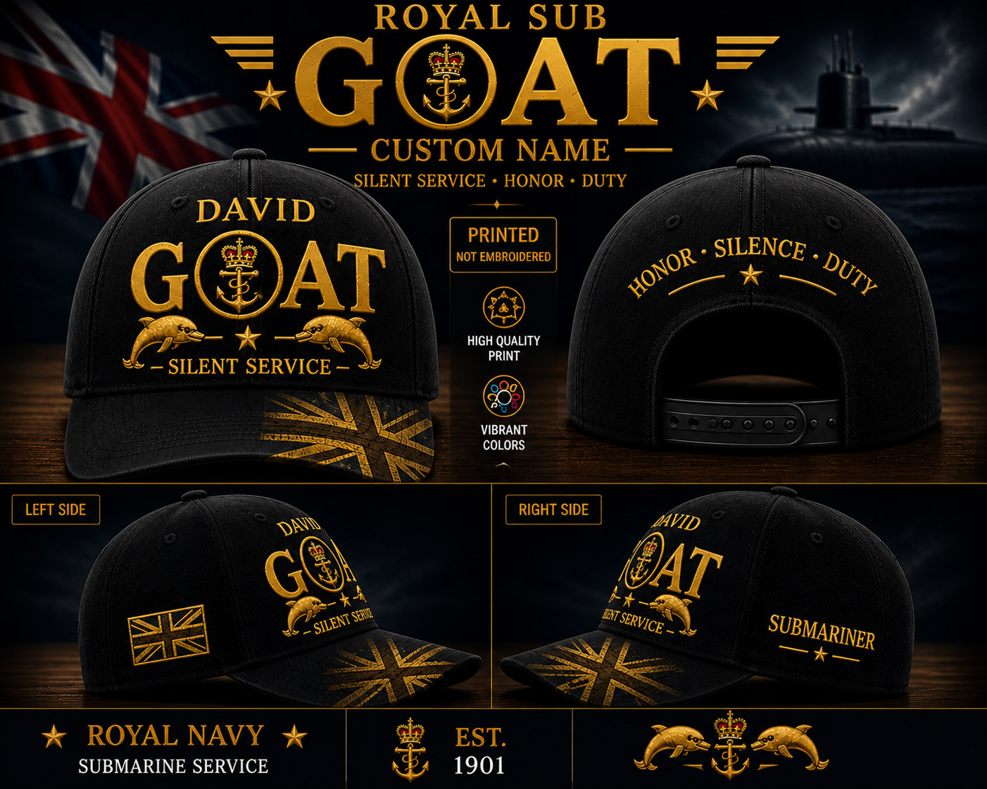 Royal Navy Submarine GOAT Cap Full Gold Print Custom Name Silent Service Hat