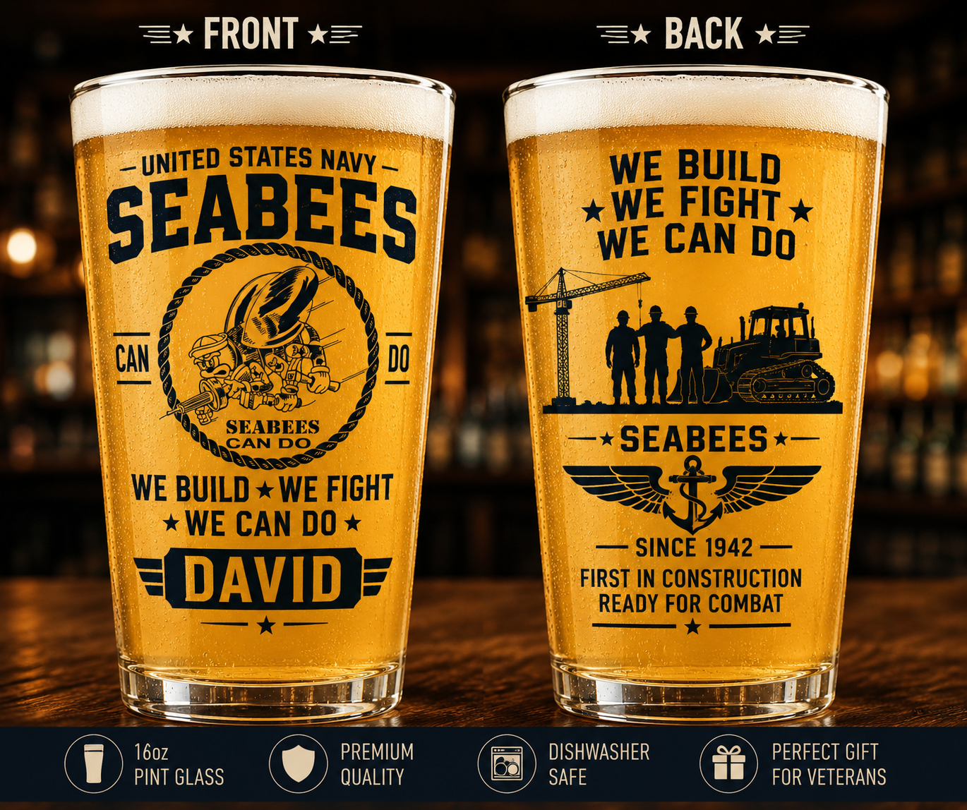 Custom Name US Navy Seabees Can Do 16oz Pint Beer Glass