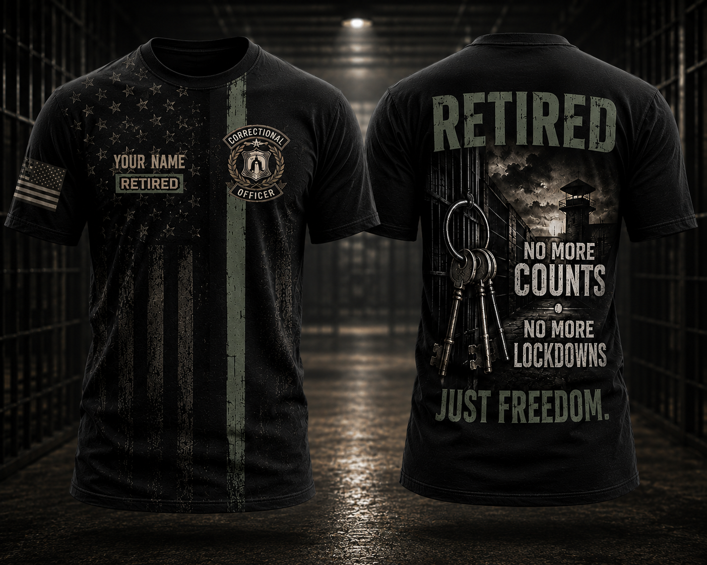 Custom Name Correctional Officer Retired 3D T-Shirt - No More Counts Just Freedom Gift