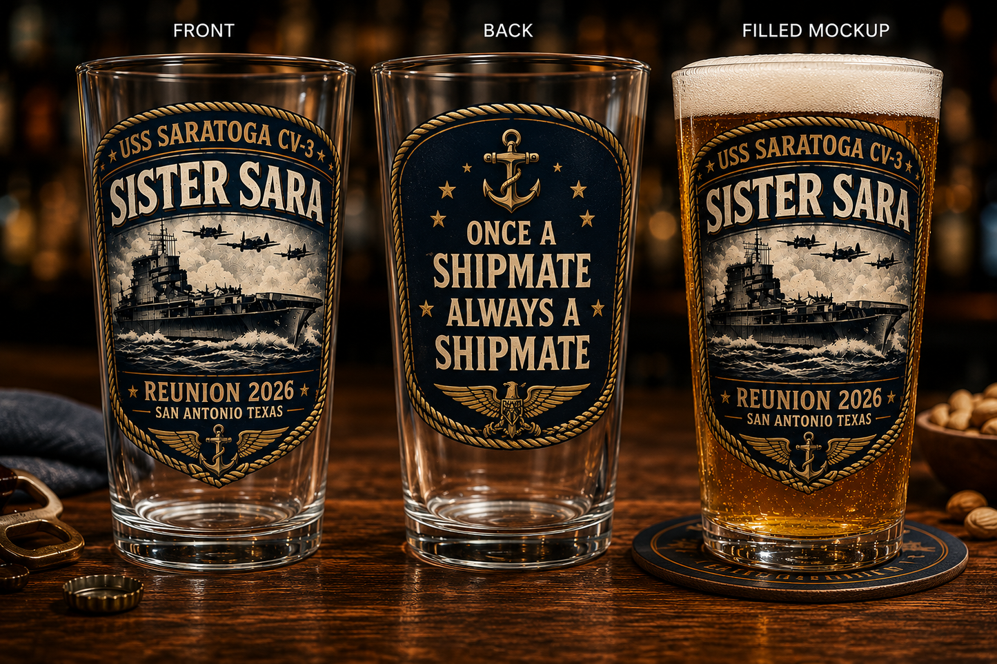 USS Saratoga CV-3 Sister Sara Legacy 16 oz Print Glass Beer