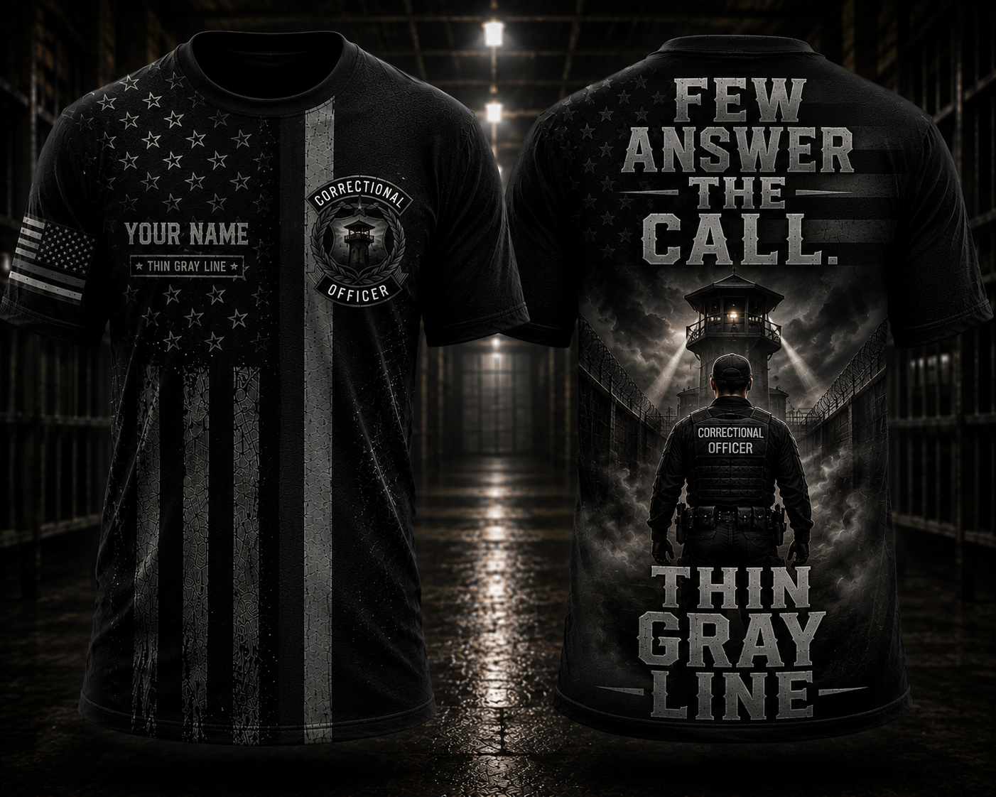 Custom Name Thin Gray Line Correctional Officer 3D T-Shirt - Few Answer the Call