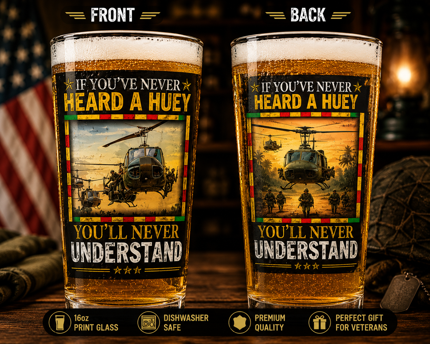 Vietnam Veteran Huey Helicopter 16oz Print Beer Glass