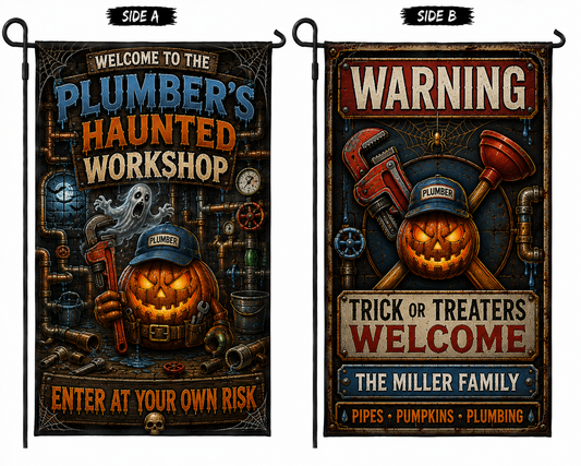 Custom Plumber Haunted Workshop Halloween Double Sided Garden Flag Personalized Family Name Yard Decor