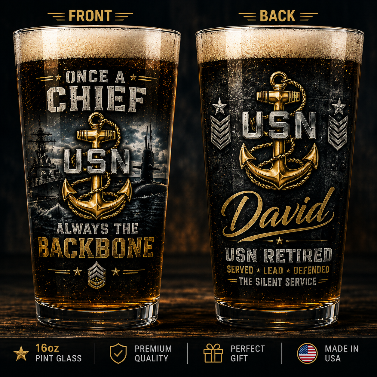 Personalized US Navy Veteran 16oz Pint Beer Glass