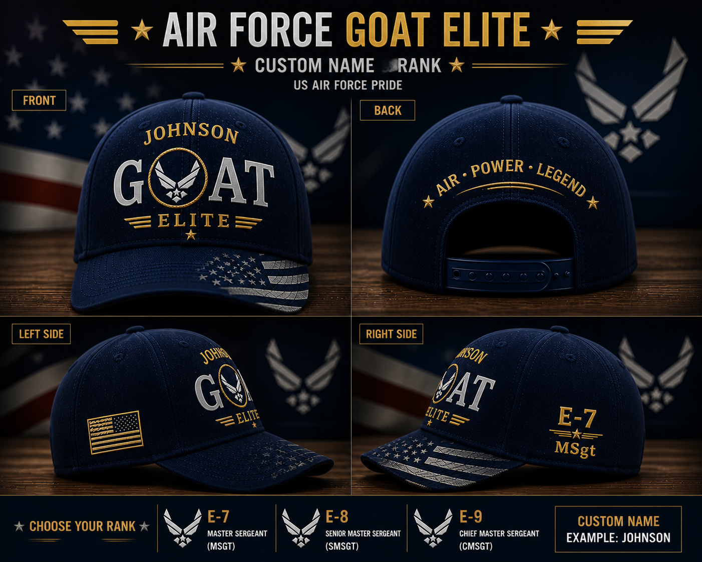 Personalized Air Force GOAT Elite Hat Custom Name Rank E7 E8 E9 Veteran Gift Cap