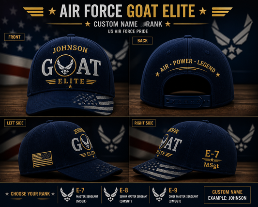 Personalized Air Force GOAT Elite Hat Custom Name Rank E7 E8 E9 Veteran Gift Cap