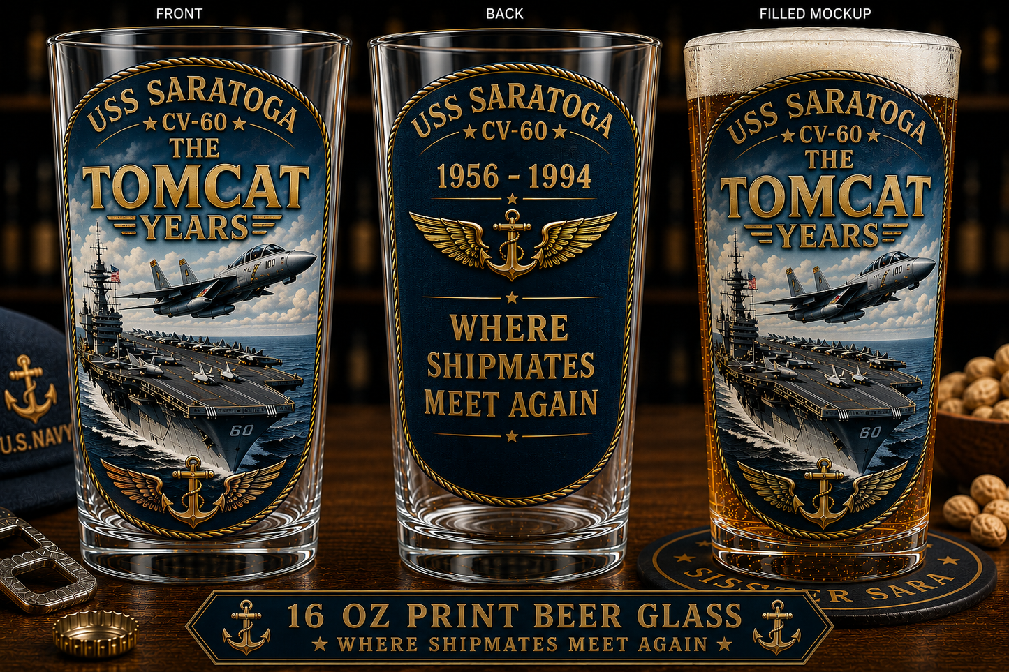 USS Saratoga CV-60 Where Shipmates Meet Again 16 Oz Pint Glass