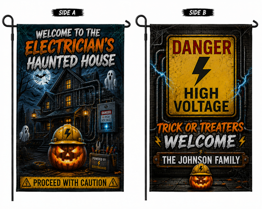 Custom Electrician Haunted House Halloween Double Sided Garden Flag Personalized Family Name Yard Decor