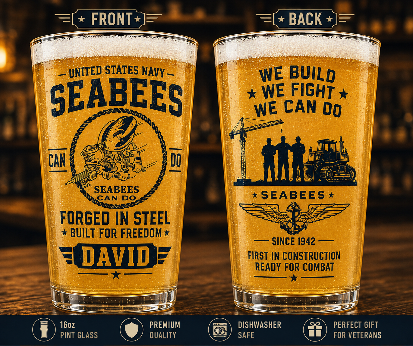 Seabees Forged In Steel 16oz Pint Beer Glass