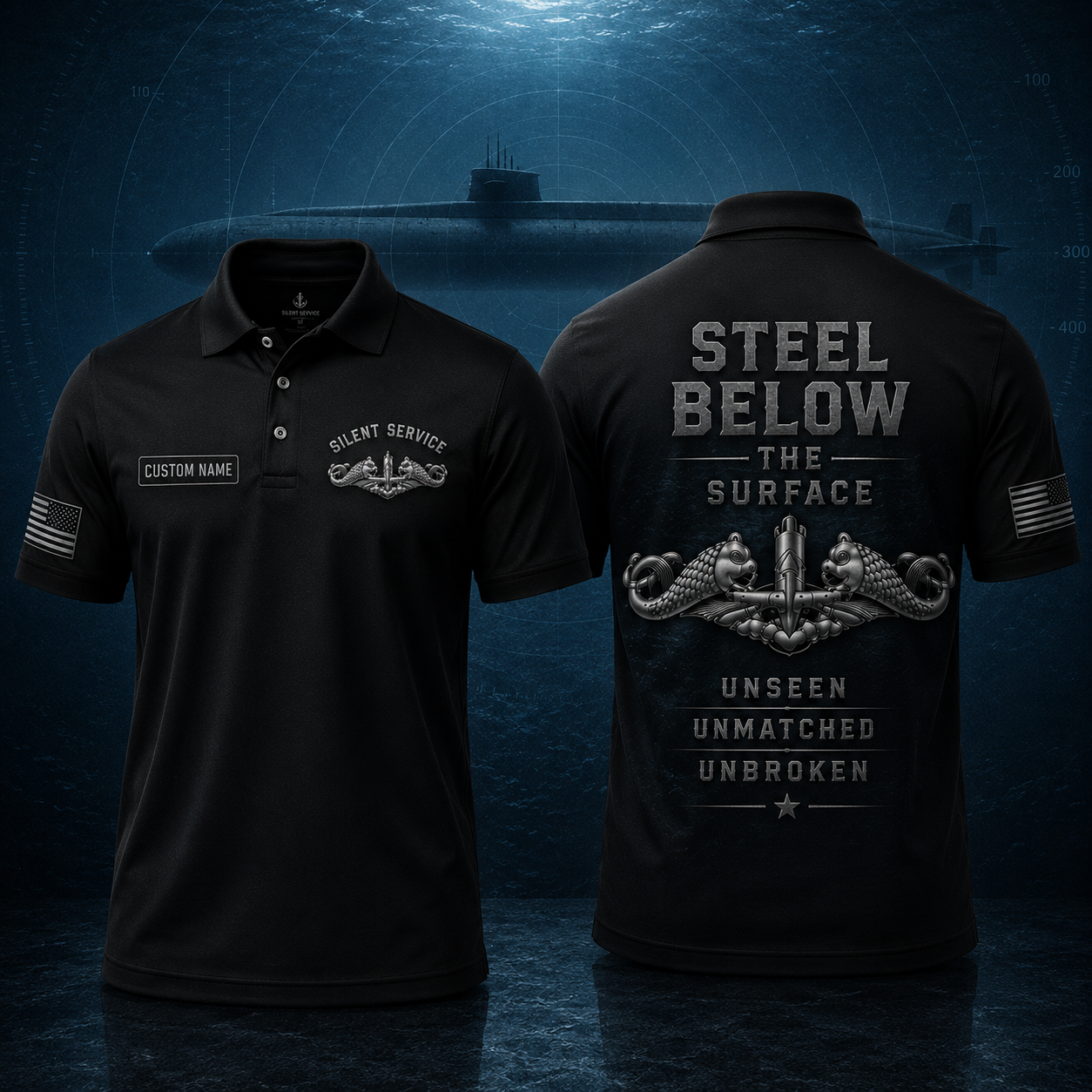 Custom Name Steel Below the Surface U.S. Submarine Force Polo Shirt