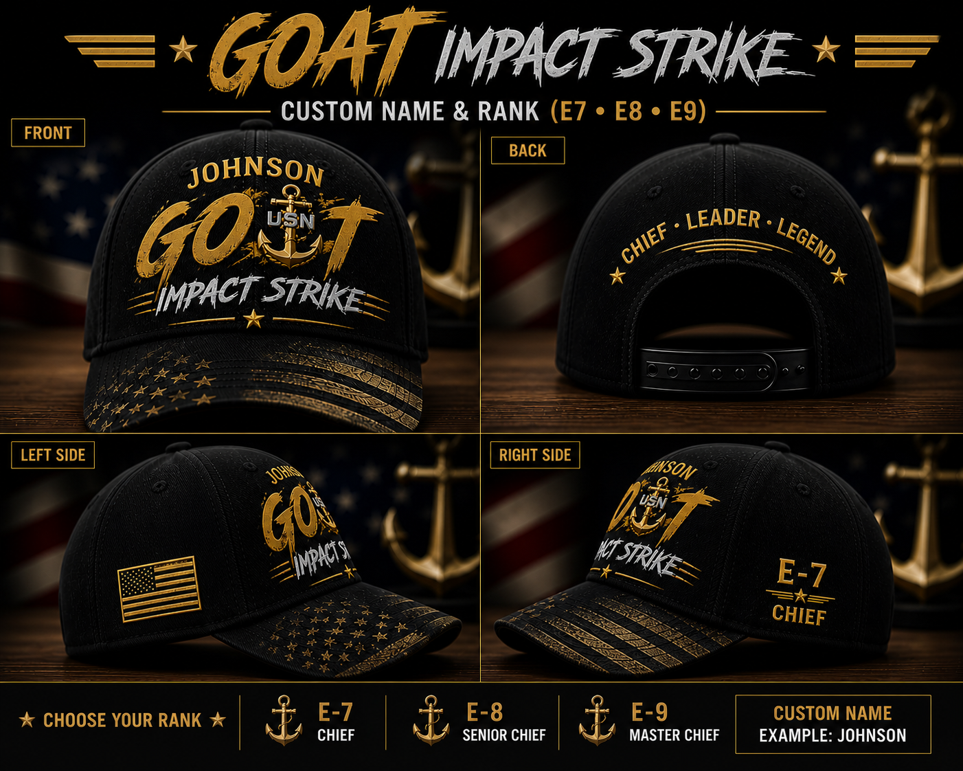 Custom Navy Chief GOAT Impact Strike Cap Personalized Name Rank E7 E8 E9 Veteran Gift Hat