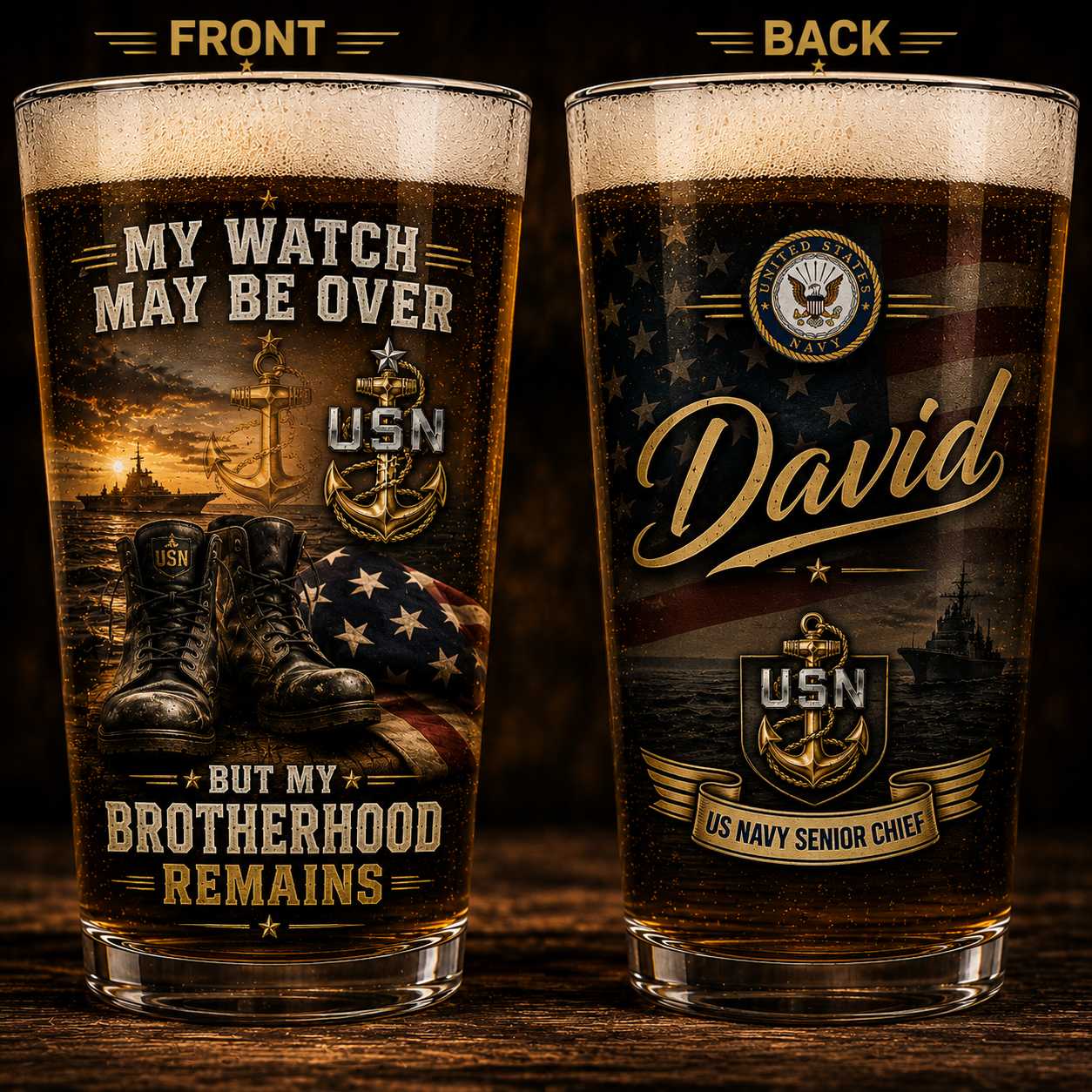 Personalized US Navy Veteran Brotherhood 16oz Pint Beer Glass