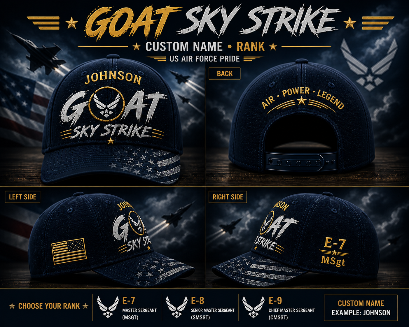 Air Force GOAT Sky Strike Cap Custom Name Rank E7 E8 E9 Military Gift Hat