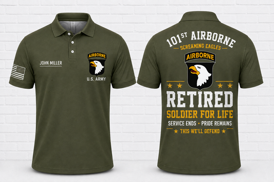 Custom 101st Airborne Retired Soldier For Life Veteran Polo Shirt