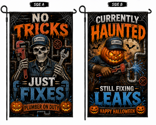 Plumber Halloween Double Sided Garden Flag No Tricks Just Fixes Yard Decor