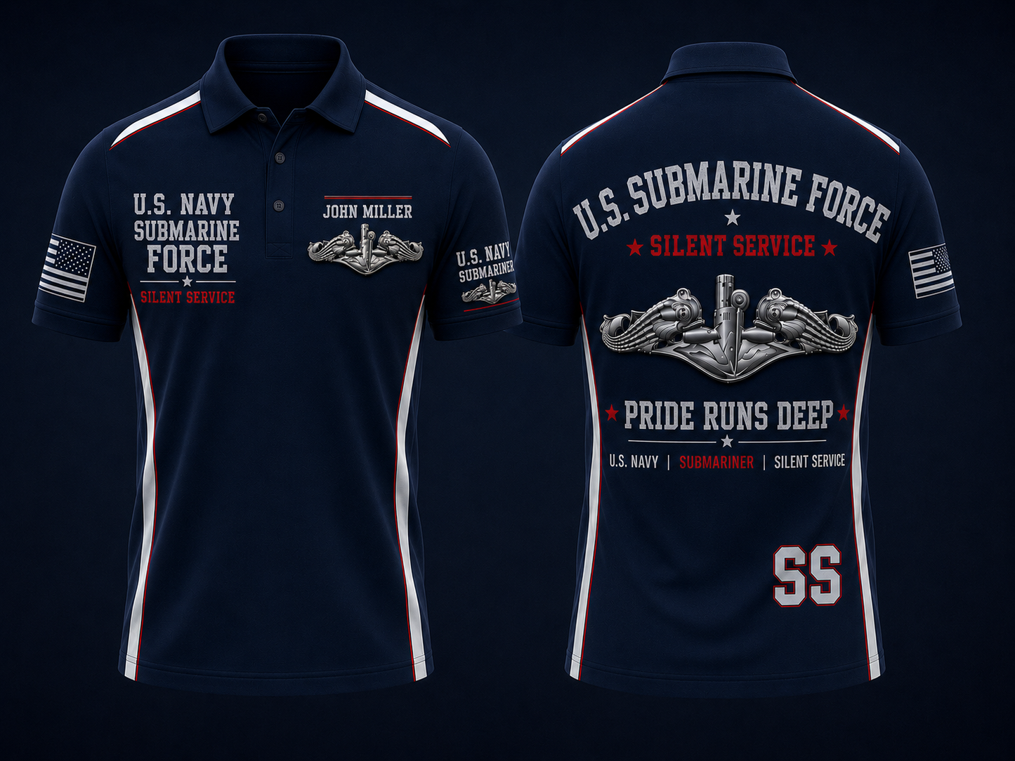 U.S. Navy Submarine Force Silver Dolphins Custom Name Polo Shirt