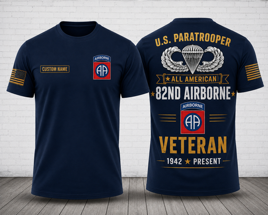 Custom Name All American 82nd Airborne Veteran U.S. Paratrooper 3D T-Shirt