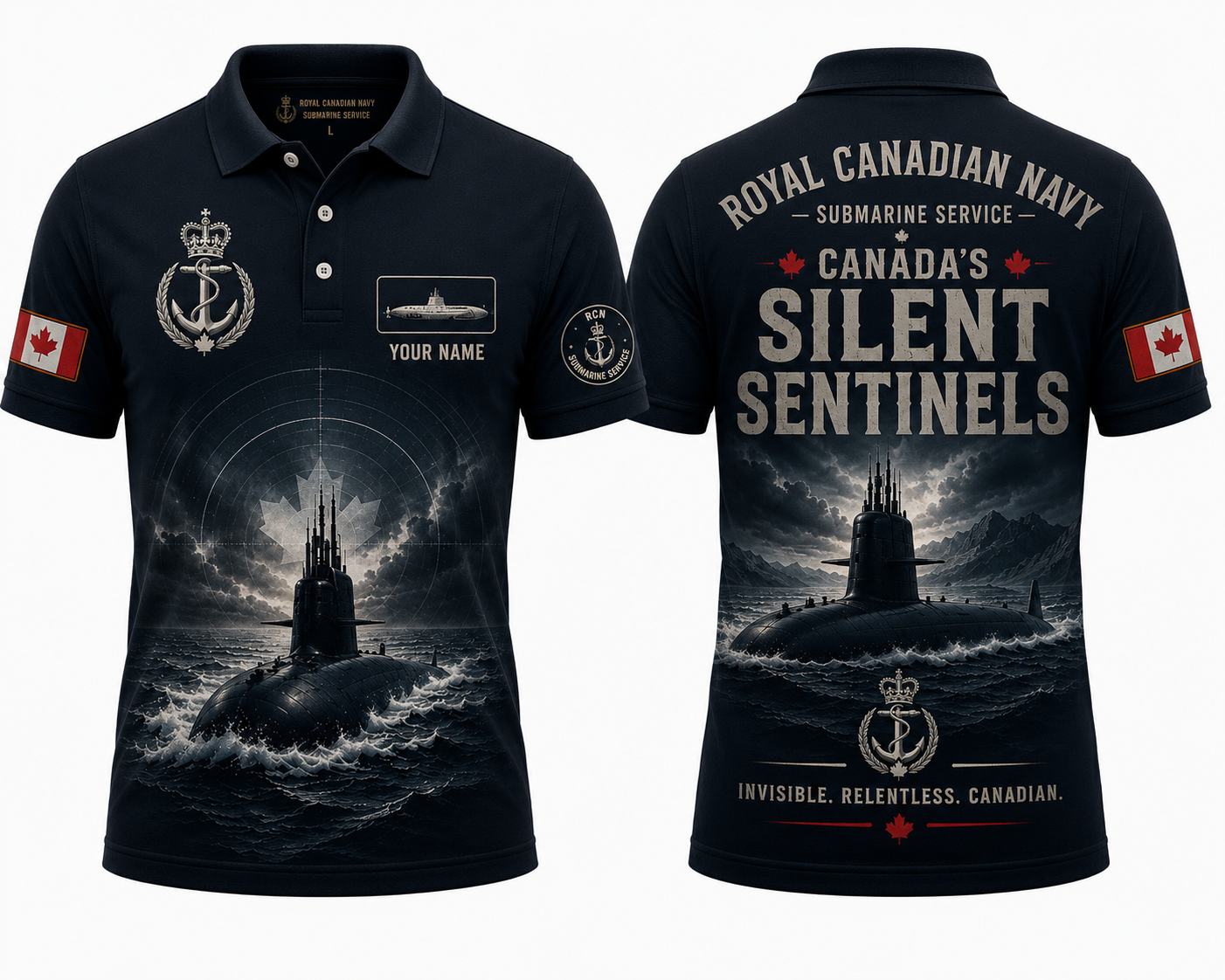 Custom Name Royal Canadian Navy Silent Sentinels Polo Shirt - Submarine Veteran Gift