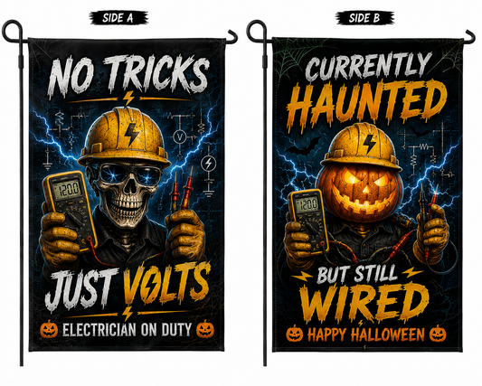Electrician Halloween Double Sided Garden Flag No Tricks Just Volts Yard Decor