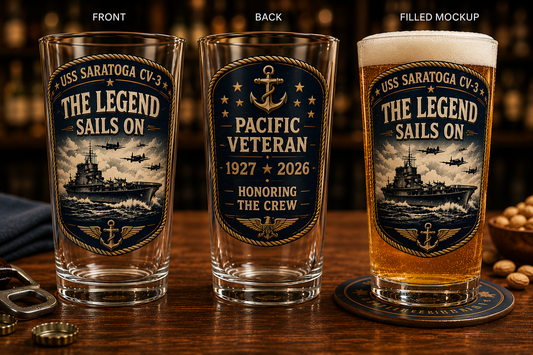 USS Saratoga CV-3 The Legend Sails On 16 oz Print Glass Beer
