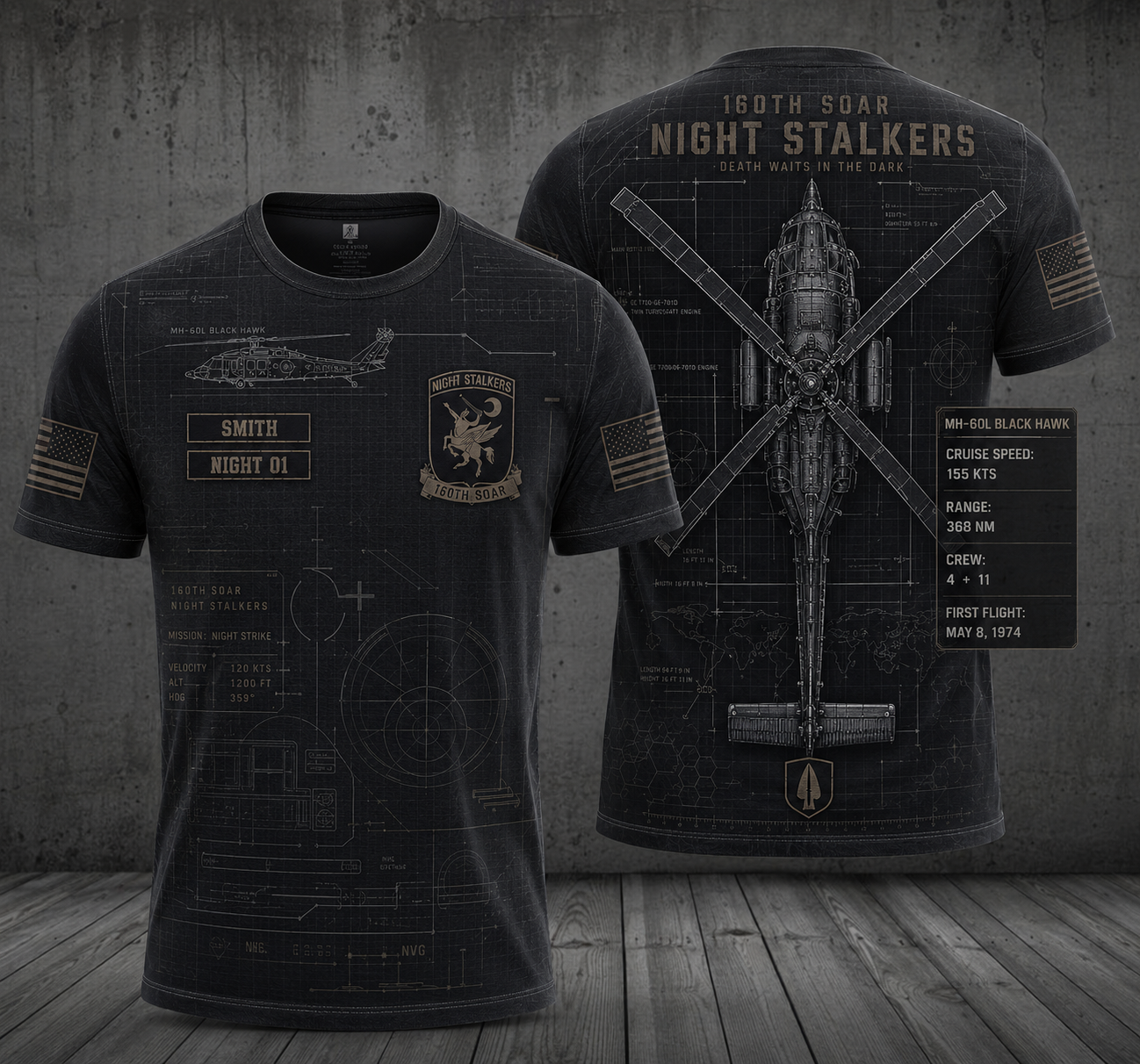 160th SOAR MH-60 Black Hawk Technical Blueprint 3D T-Shirt Aviation Nerd Edition