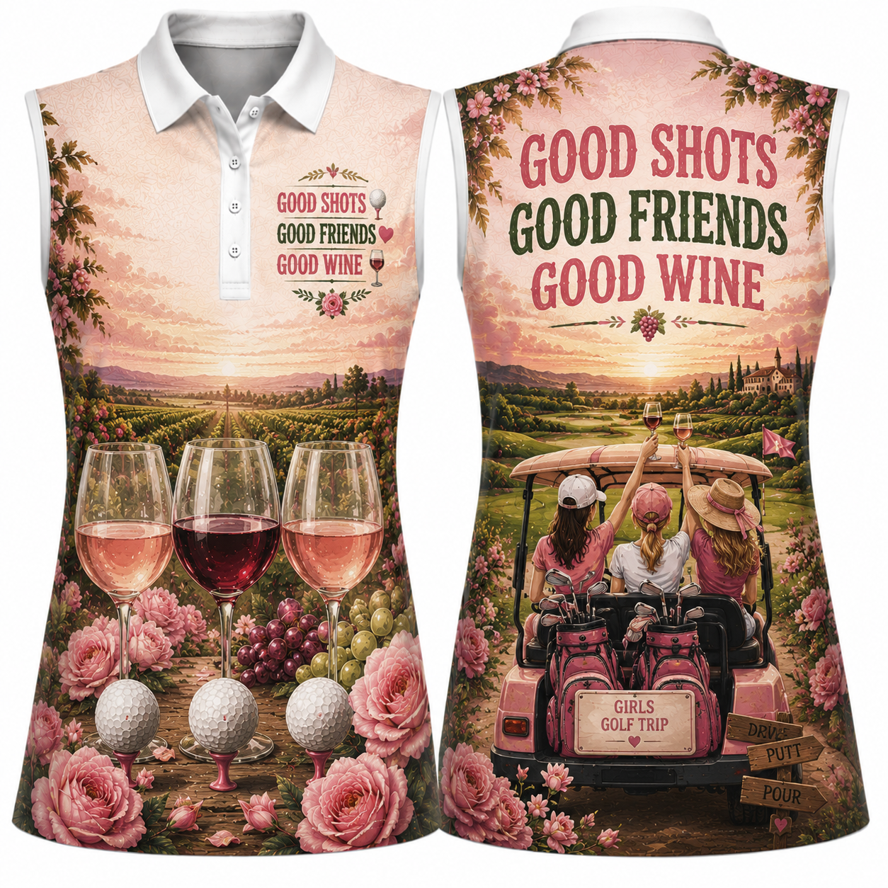 Good Shots Good Friends Good Wine Women's Sleeveless Athleisure Polo Shirt