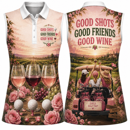 Good Shots Good Friends Good Wine Women's Sleeveless Athleisure Polo Shirt