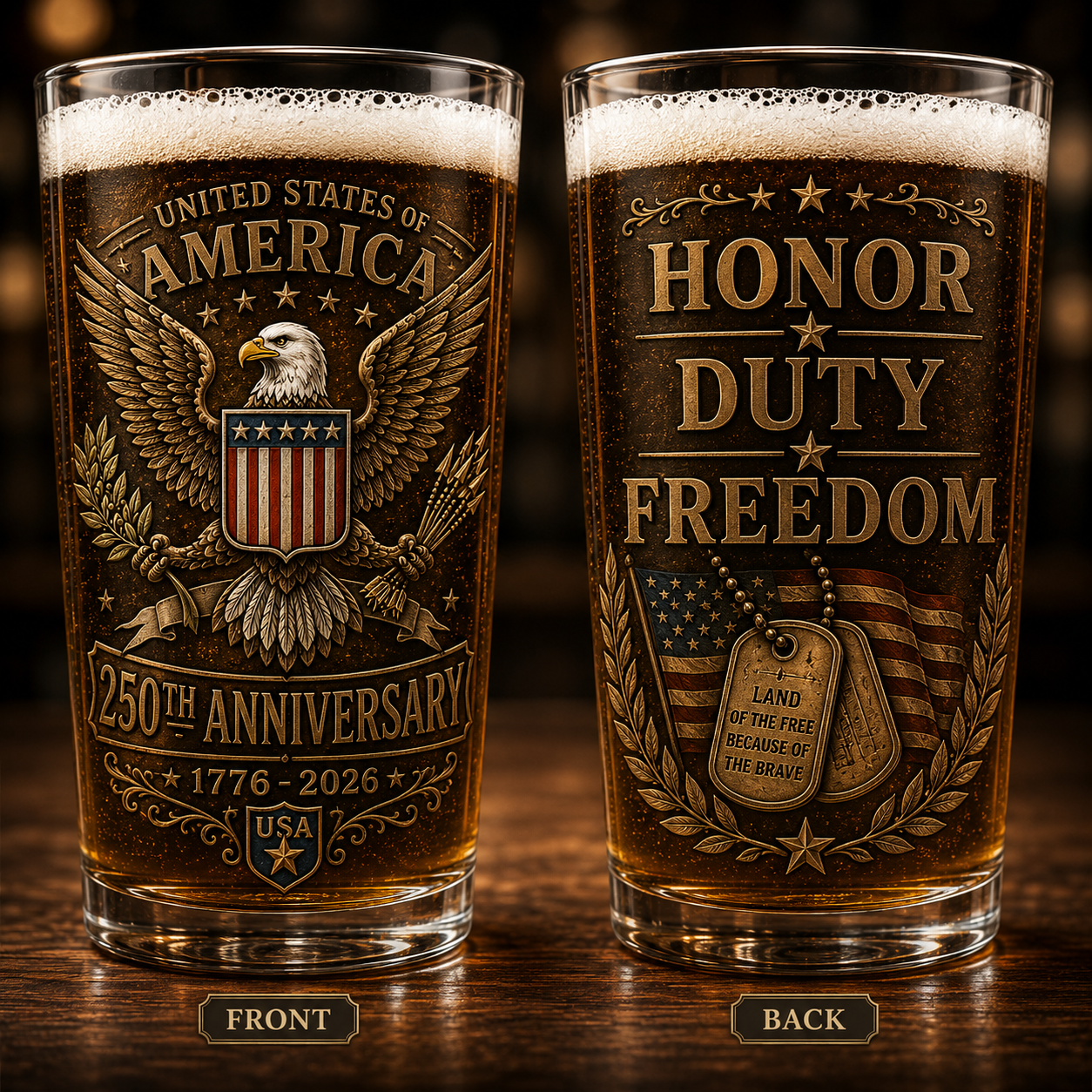 USA 250 Veteran Honor Personalized Pint Glass 1776-2026 Honor Duty Freedom Edition