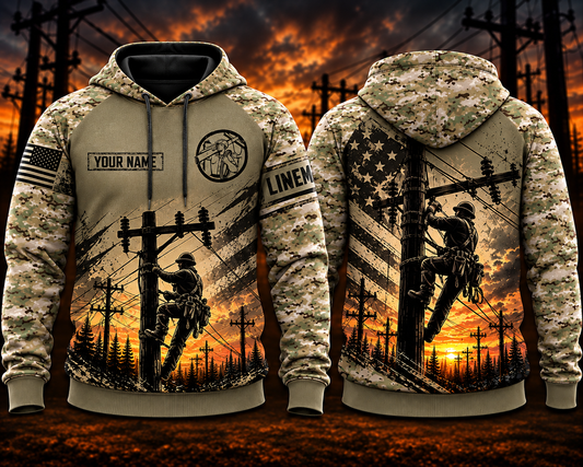 Personalized Lineman 3D Hoodie - Military Camo American Flag Design