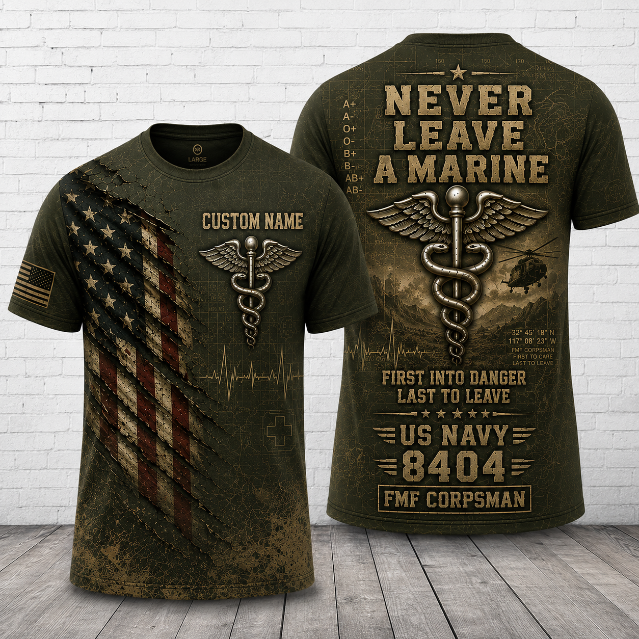 Custom Name US Navy FMF Corpsman 8404 Never Leave a Marine 3D T-Shirt