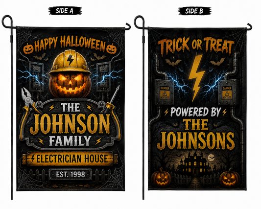 Custom Electrician Halloween Double Sided Garden Flag Personalized Family Name Yard Decor
