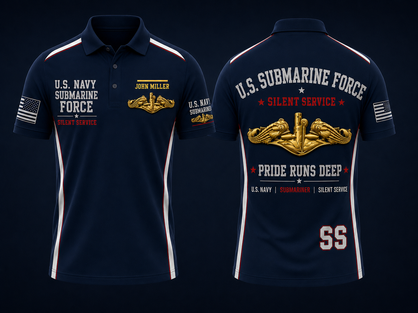 U.S. Navy Submarine Force Silver Dolphins Custom Name Polo Shirt
