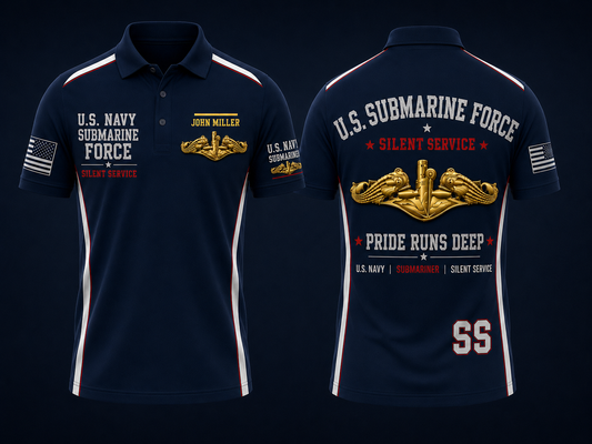 U.S. Navy Submarine Force Silver Dolphins Custom Name Polo Shirt