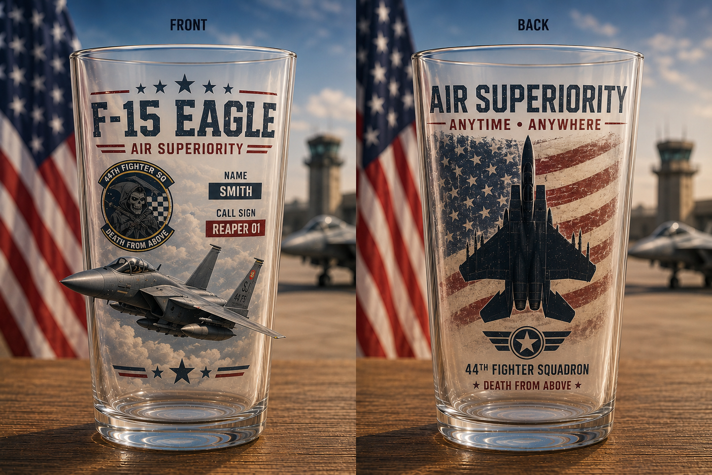 Custom Name F-15 Eagle Squadron Heritage 16oz Pint Glass Beer Glass