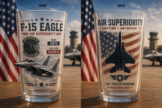 Custom Name F-15 Eagle Squadron Heritage 16oz Pint Glass Beer Glass