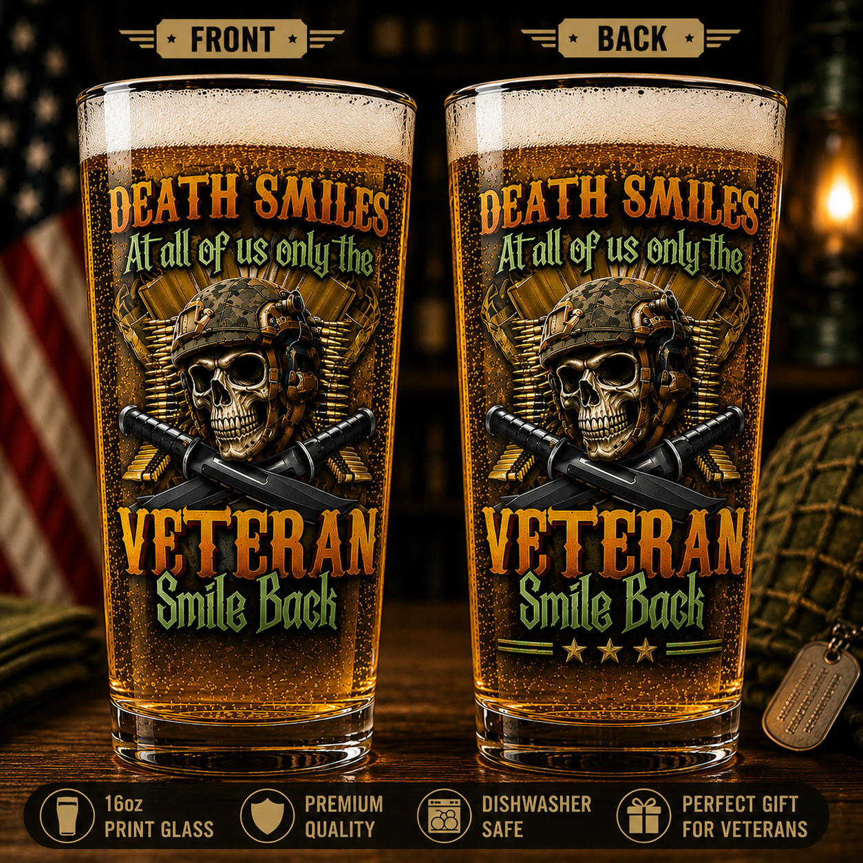 Veteran Skull Military 16oz Print Beer Glass