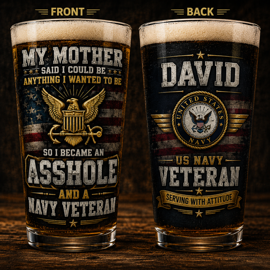 Custom Name Funny US Navy Veteran 16oz Pint Beer Glass
