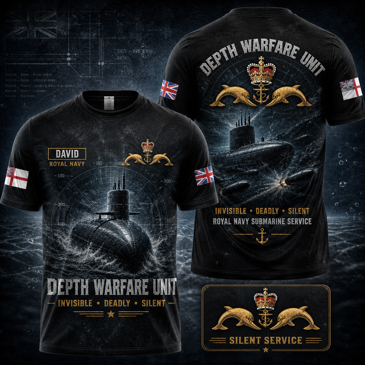 Depth Warfare Unit Invisible Deadly Silent Submarine Military Custom Name Royal Navy T-Shirt