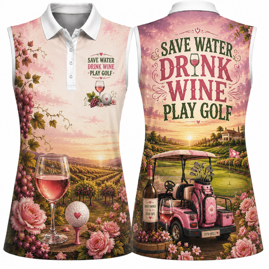 Save Water Drink Wine Play Golf Women's Sleeveless Athleisure Polo Shirt