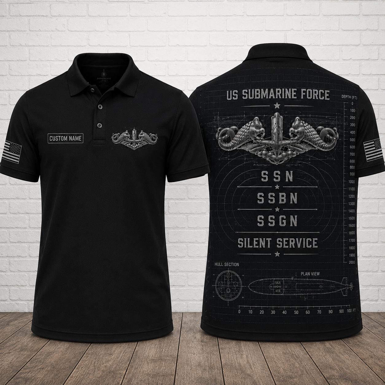 Custom Name U.S. Submarine Force Blueprint Silent Service Polo Shirt
