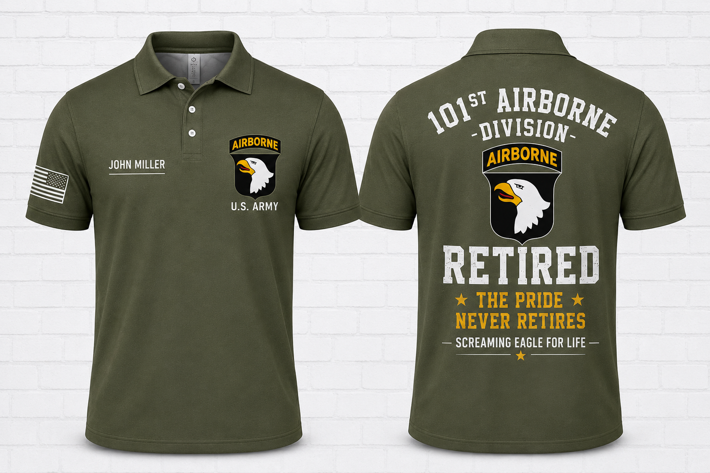 Custom 101st Airborne Retired Veteran Screaming Eagle Polo Shirt